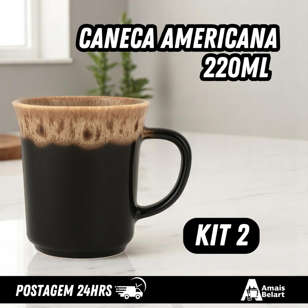 KIT Caneca Americana Porcelana 220 ml Preta Brilhante Esmaltada com Borda Marrom Antimofo Micro‑ondas & Lava‑Louças em Oferta na Shopee