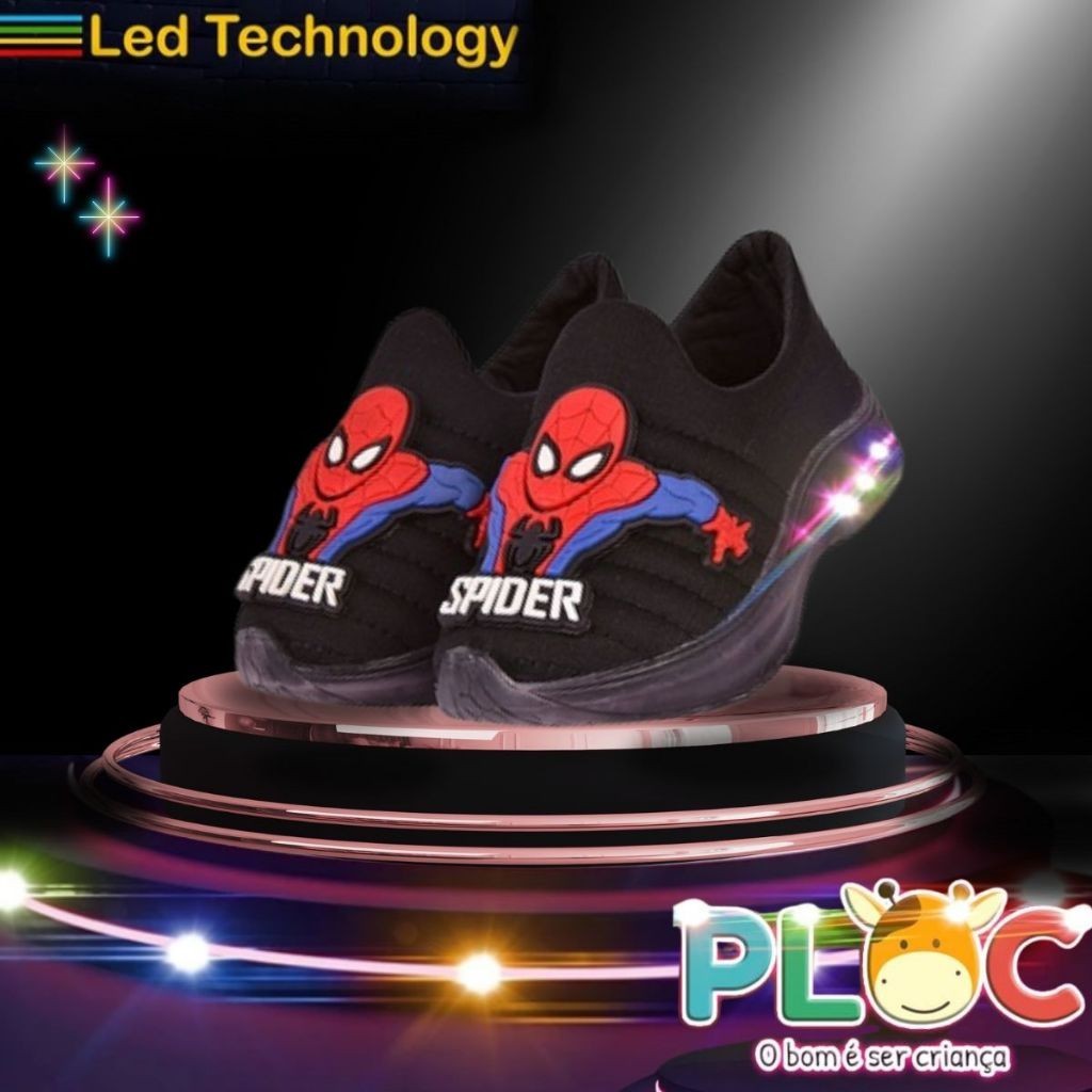 Tênis Led Infantil PLOC PRETO LED07  - SPIDER Homem Aranha Aranhaverso
