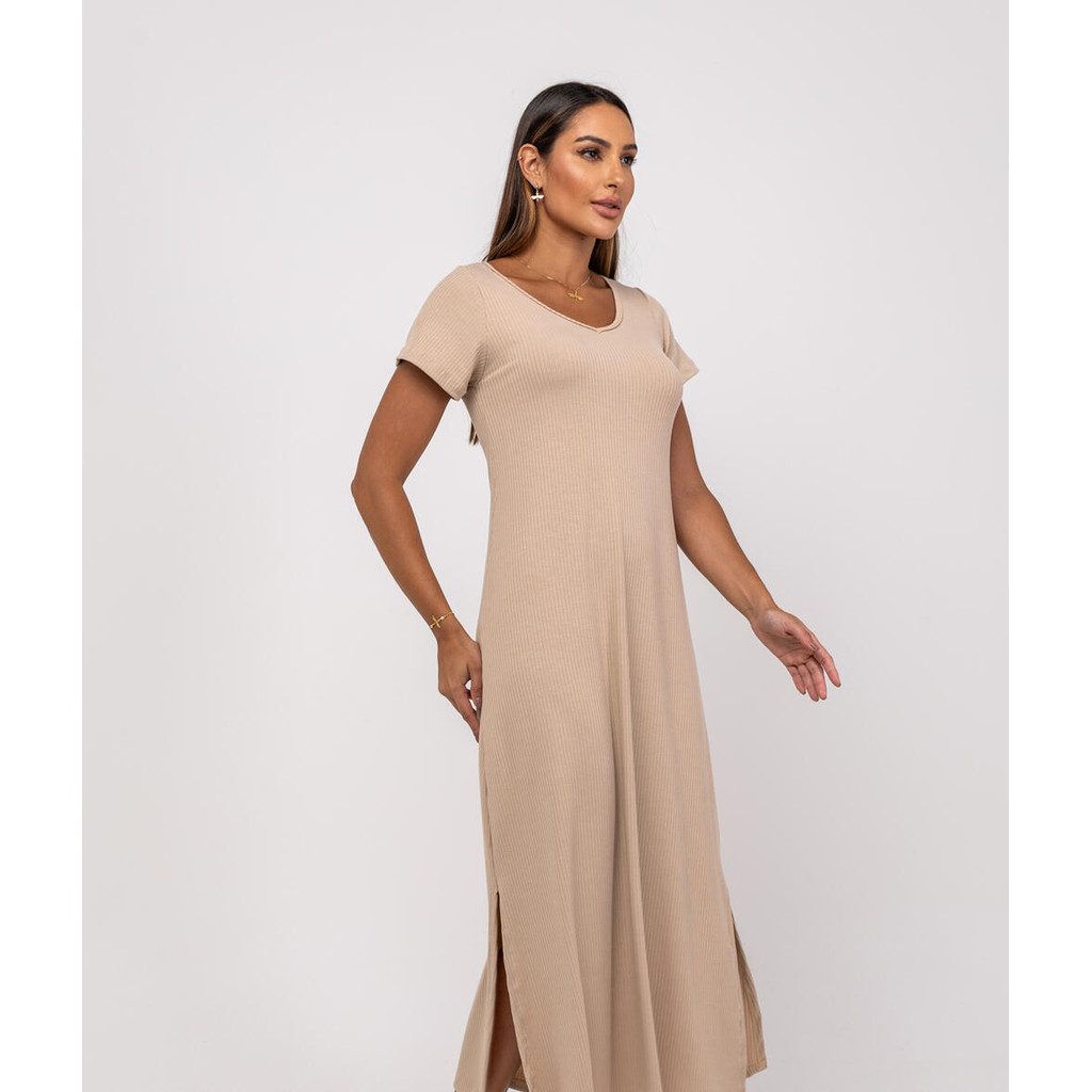 Vestido Longo Fenda Canelado Manga Curta Salvatore