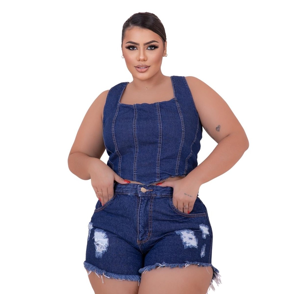 Conjunto Jeans Plus Size Short Desfiado e Cropped Estiloso