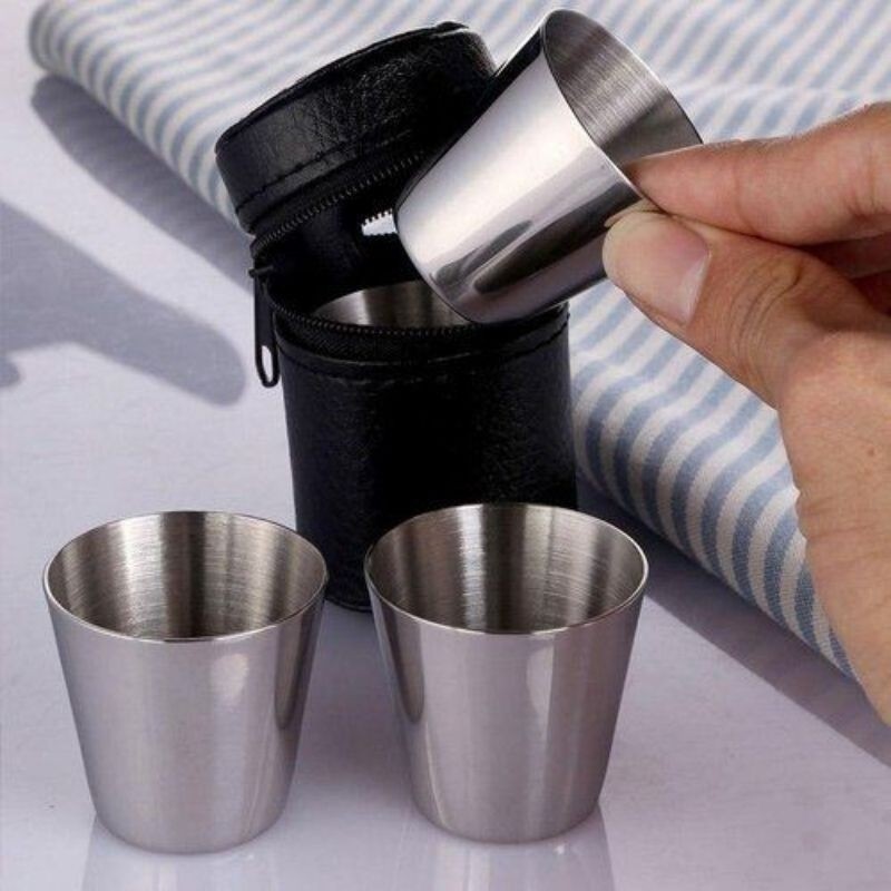 4 Copos Shot Cachaça Tequila Inox + Case Camping Bar Pronta Entrega