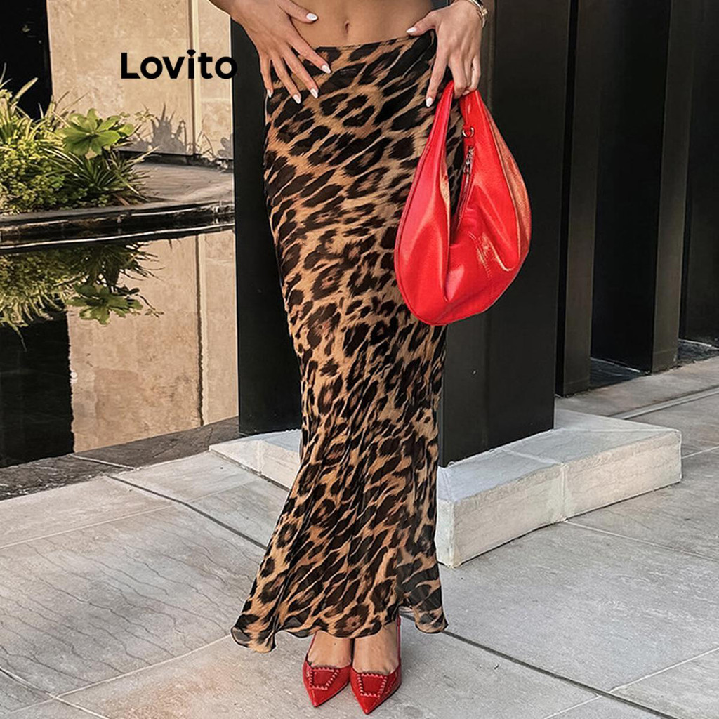 Lovito Saias Elegantes Com Estrutura De Leopardo E Saia Evasê Para Mulheres LNL62348 - Women Clothes