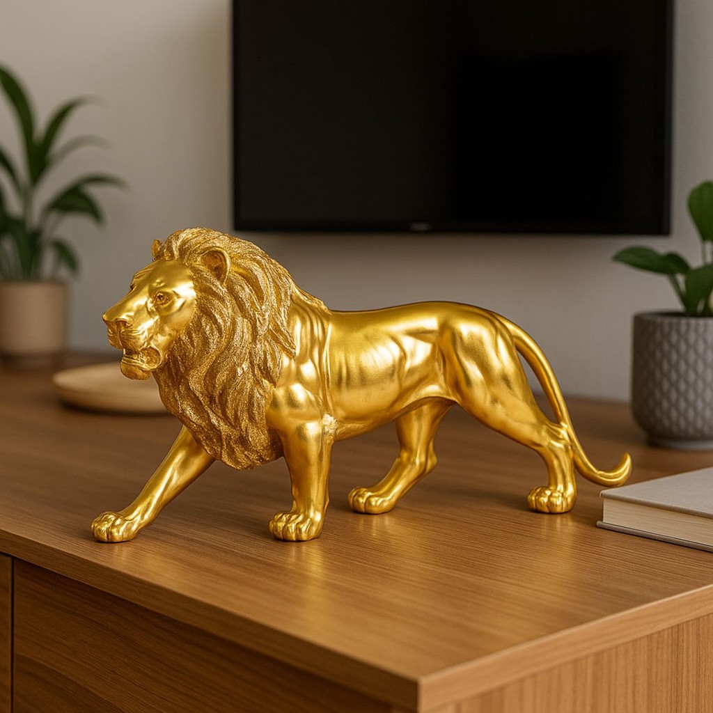 Escultura Estátua Decorativa Leão De Pé Andando Resina 23cm