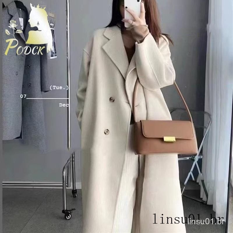 Casaco Grosso Feminino de Lã de Cashmere, Sobretudo de Gola Reversível de Comprimento Médio, Trench Casual em Oferta na Shopee