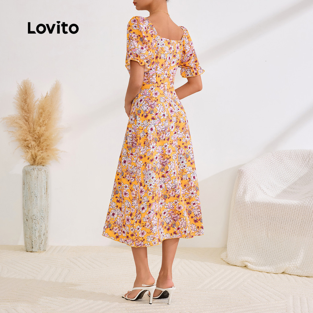 (Trendy) Lovito Boho Paisley Tecido Costura Estrutura Linha Redonda Vestido De Mangas Bufantes Para Mulheres LBL24064 - Women Clothes