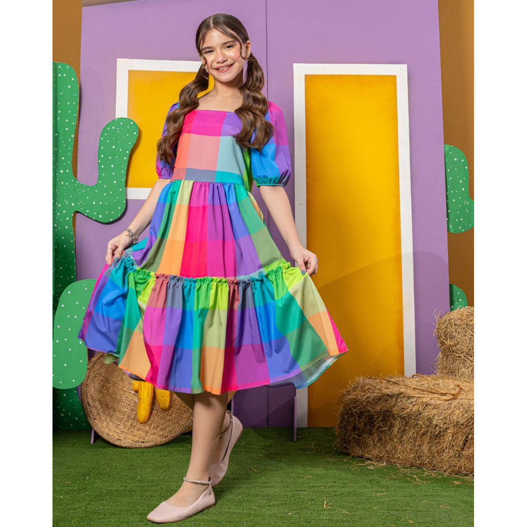 Vestido Lara Xadrez Colors Infantil Juvenil Roupa Menina tam. 4, 6, 8, 10, 12, 14, 16 Festa Junina