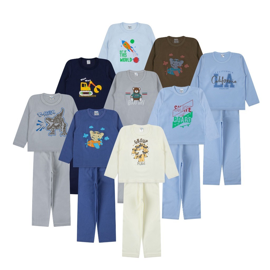 Kit 6 Peças Plush Criança ao Juvenil Conjunto Pijama Inverno Menino Peluciado 3 Blusas + 3 Calças