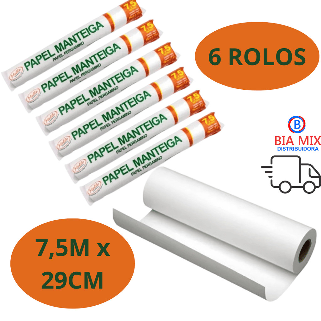 Papel Manteiga 29cm X 7,5m Papel Pergamino - 6 ROLOS - Ideal P/ Geladeira Forno Freezer e microondas