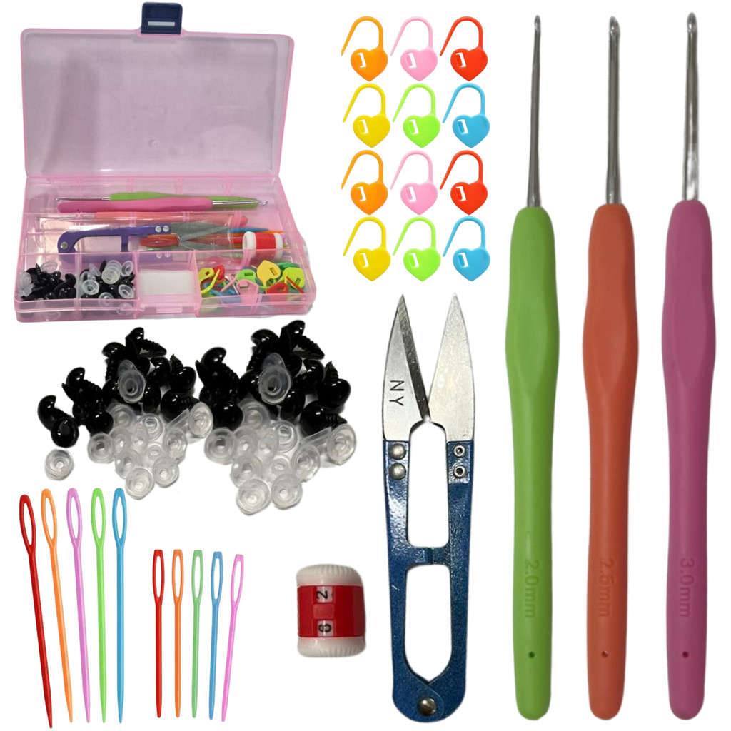 Kit Crochê Amigurumi Completo Agulhas Soft Marcador de Ponto Tesoura Box Organizador