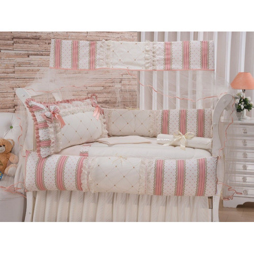 kit berço algodão menina infantil Rosa Essencial 11 Peças Americano 100 % Algodao Bordado  com Saia