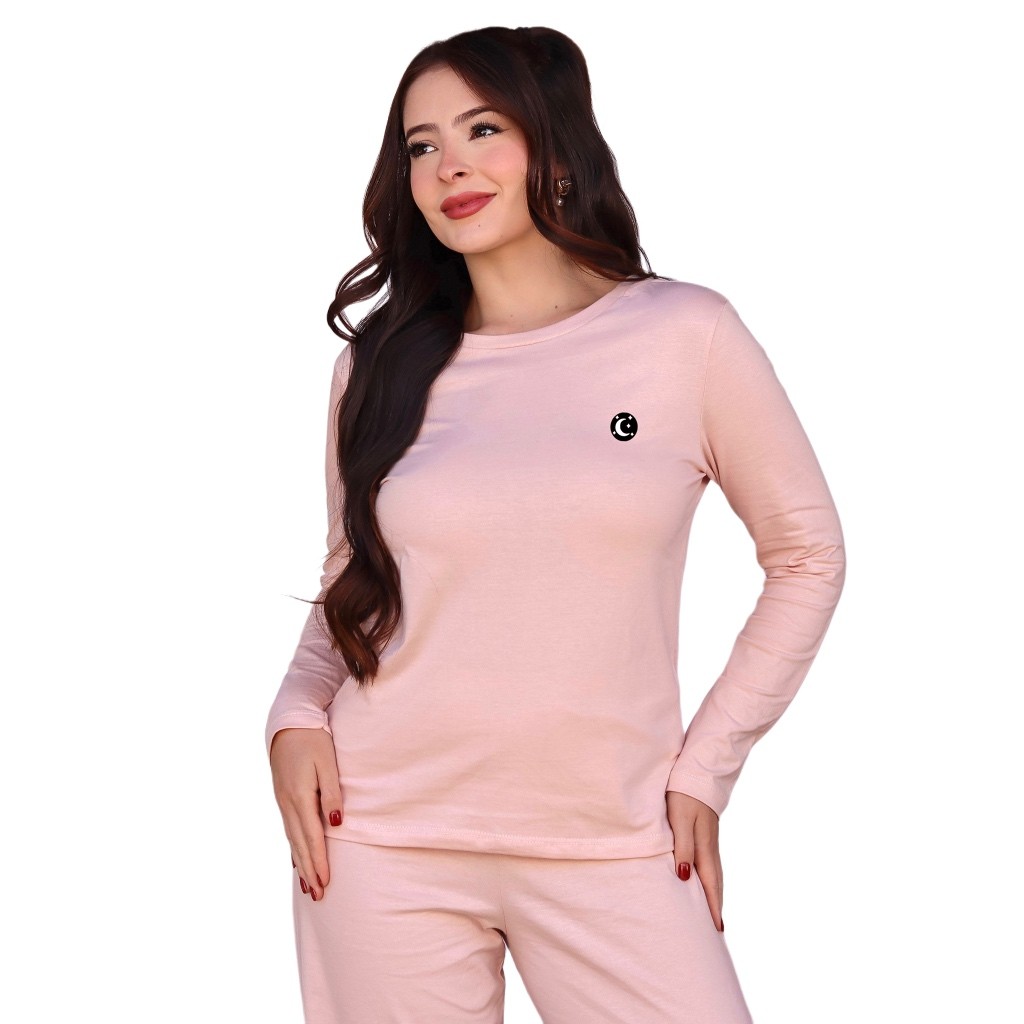 Conjunto Pijama Feminino Manga Longa Liso Rosa Adulto 100% Algodão