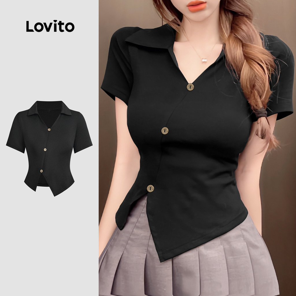 Lovito Camiseta Preta Casual Lisa Assimétrica Com Botão Primavera/Verão Para Mulheres L134ED076 em Oferta na Shopee