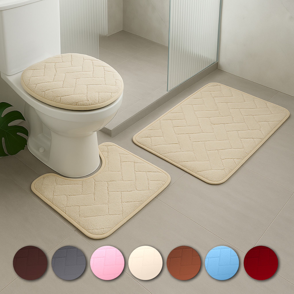 Kit Jogo 3 Peças Tapete Banheiro Premium Estampas Toque Macio Peluciado Antiderrapante Várias Cores em Oferta na Shopee