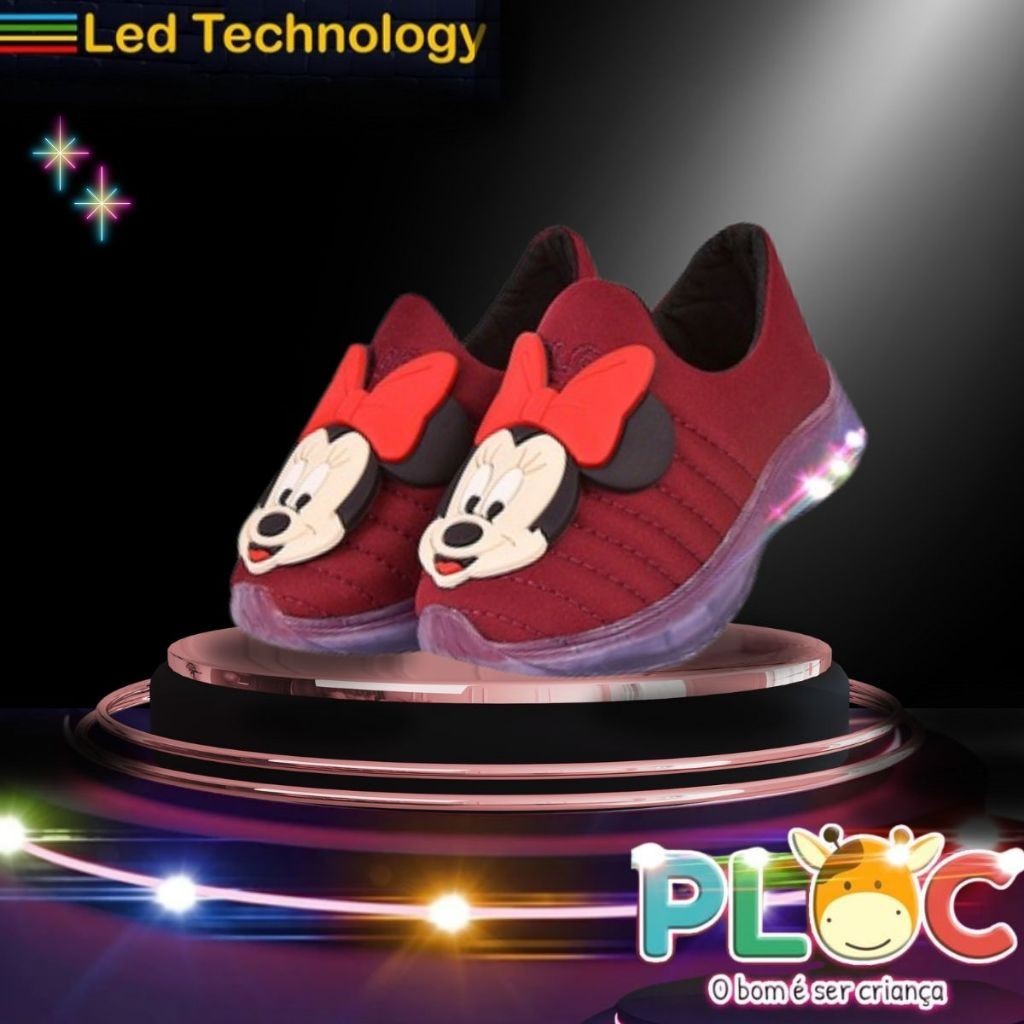 Tênis Led Infantil LED16 - MARSALA MINNIE CARINHA Menina Calce Fácil Confortável Anatômico PLOC