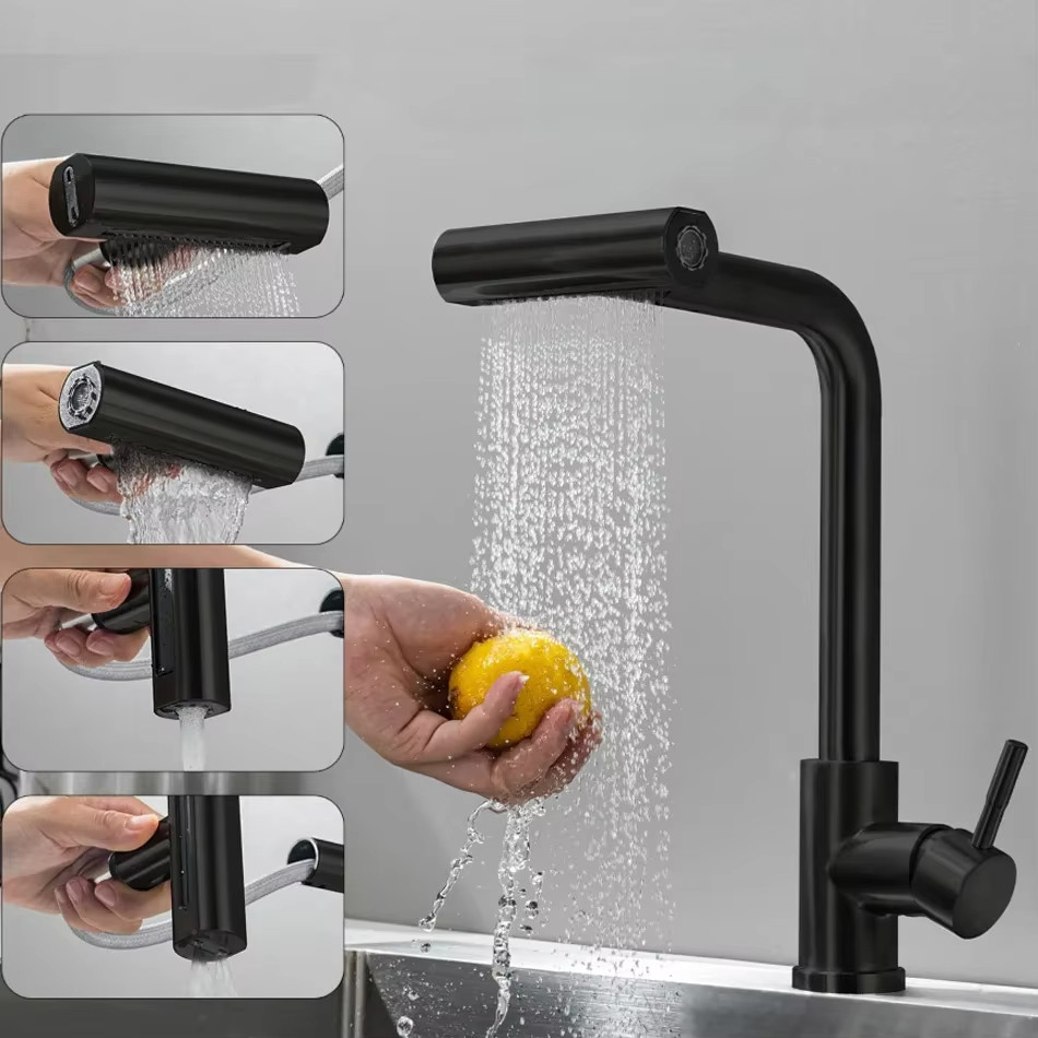 Torneira Cascata Cozinha Gourmet Bancada Misturador Quatro modos Aço Inox 304 Cor preto em Oferta na Shopee