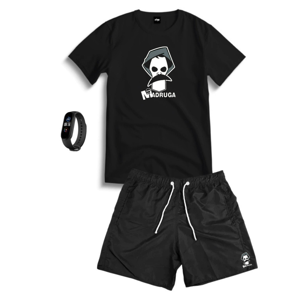 Conjunto Kit Masculino SEUMADRUGA Camisa 100% Algodão + Bermuda Tactel Estampada + Relogio Digital