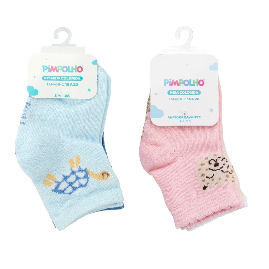 Kit 3 Pares Meia Pimpolho Colorida para Bebe 16 A 20 Antiderrapante Infantil Menino Menina