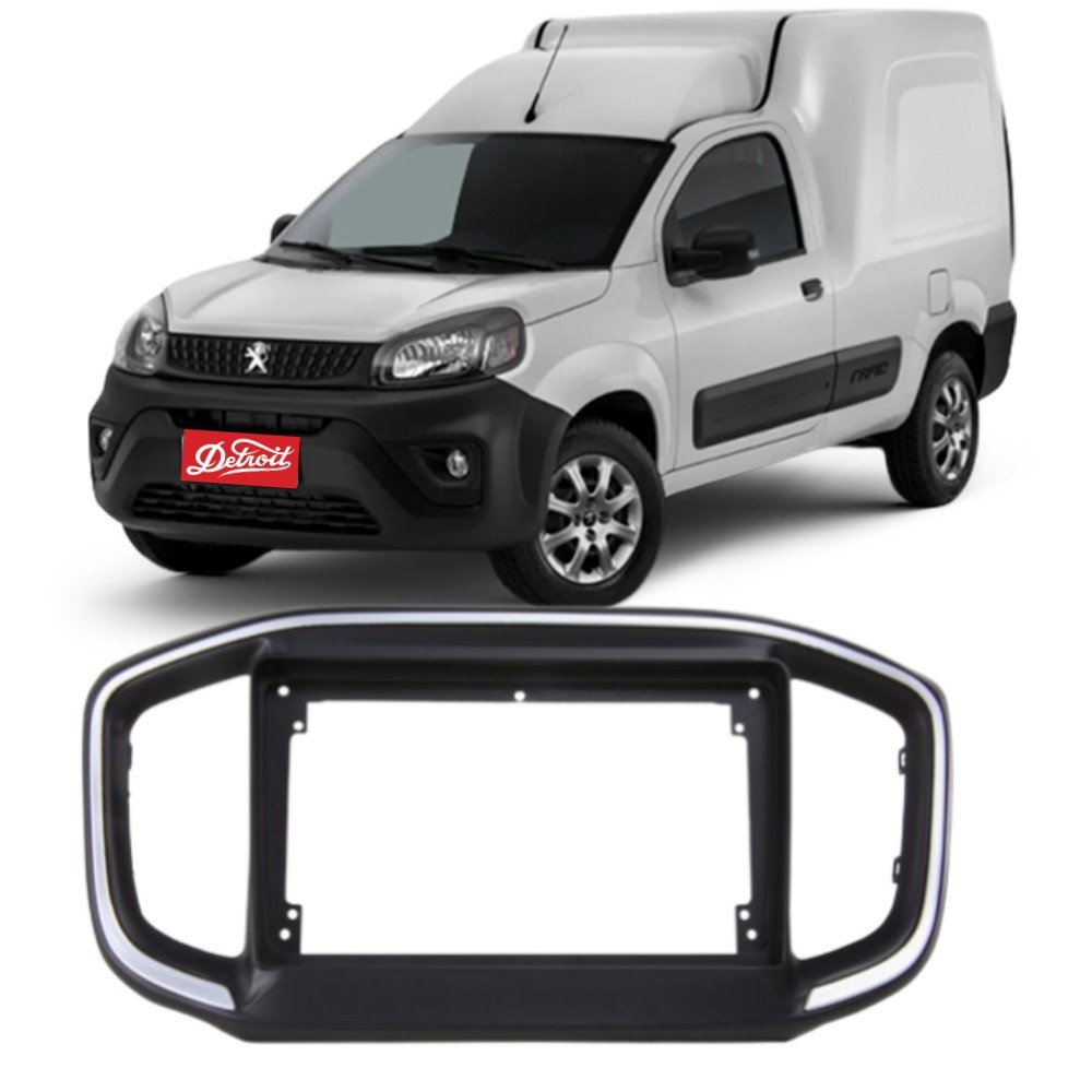 Moldura Painel Peugeot Partner 2022 a 2025 Ludovico 7.270PT 7 e 9 polegadas 2DIN Preta com Friso Prata