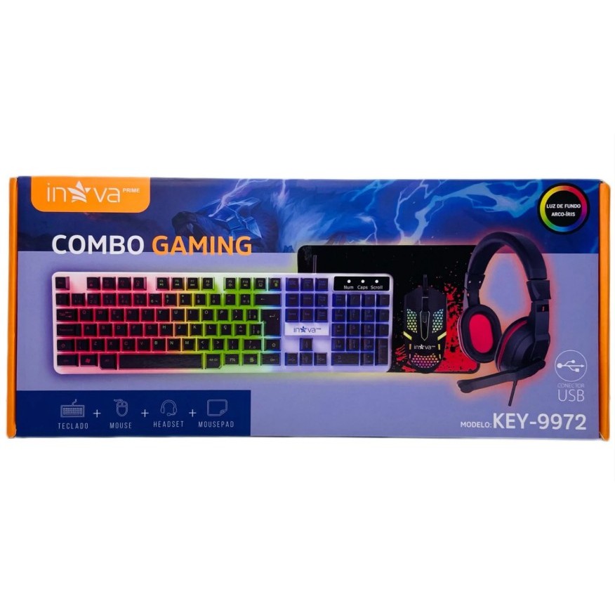 Kit Gamer Key-9972 Teclado, Headset, Mouse e MousePad Led de Fundo Arco-Iris USB