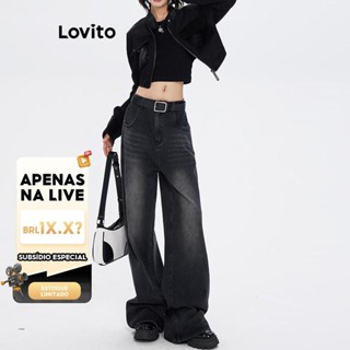 (Live Hosts' pick) Lovito Jeans Femininos Casuais Com Botão Liso E Bolso Frontal Com Zíper LNA49080 em Oferta na Shopee
