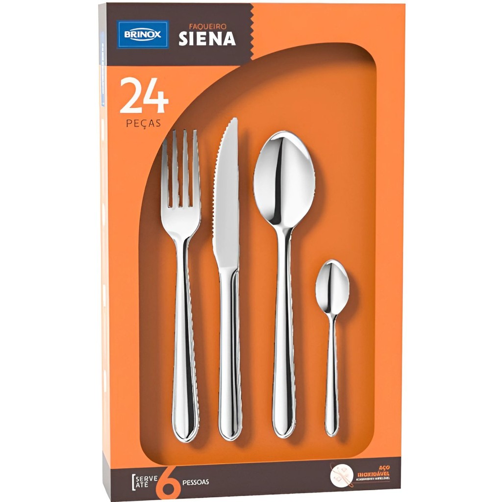 Faqueiro Brinox Siena 24 Peças Aço Inox Polido Completo Mesa 6 Pessoas Dia a Dia Churrasco Lava-Louças Presente cozinha