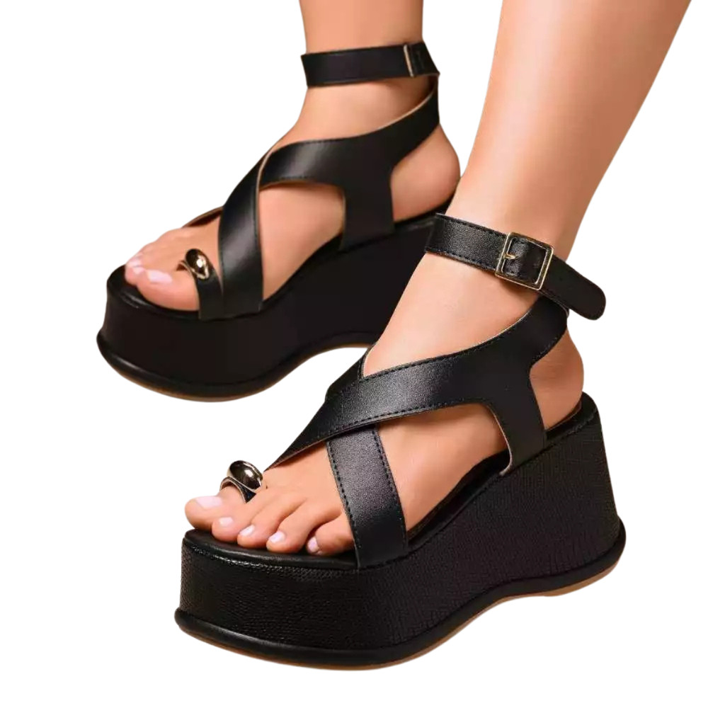 Sandália Anabela Preta Feminina Plataforma Alta Estilosa Confortável