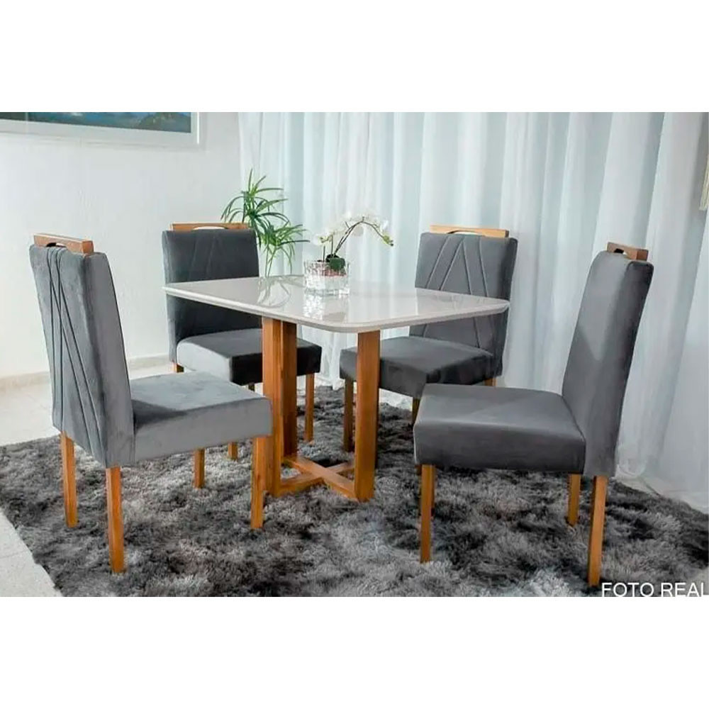 Mesa de Jantar Lisy Tampo Madeira e Vidro 120X80 com 4 Cadeiras de Madeira Maciça Safira Móveis Mundial