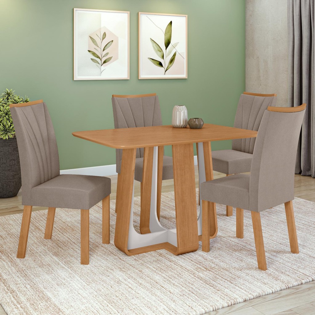 Conjunto Sala de Jantar Mesa Easy Pop 120x80cm Tampo MDF com 4 Cadeiras Confort  Suede Animale Bege Amêndoa/Off White