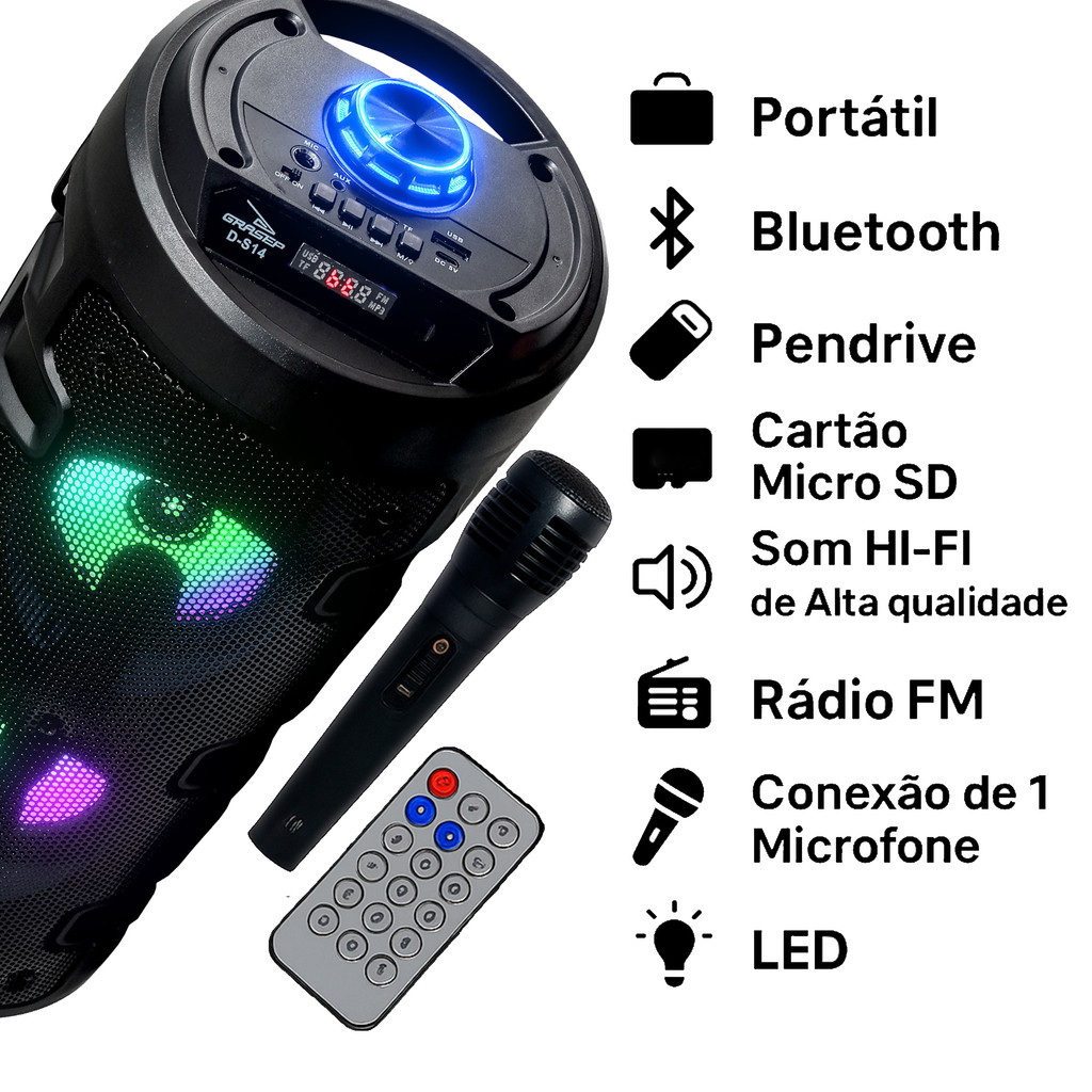 Caixa De Som Amplificada Portátil Bluetooth LED RGB Aux P2 Micro SD USB Radio FM Com Microfone Karaokê