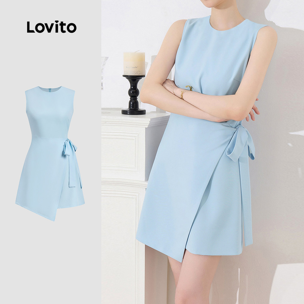 Lovito Vestido Casual Liso Com Amarração Na Frente Assimétrico Azul Para Mulheres L135AD487 - Women Clothes
