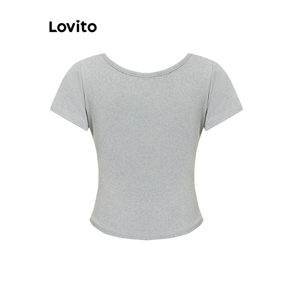 Detalhes do Lovito Camiseta Casual Lisa Feminina Gola Babado Cadarço L104ED543