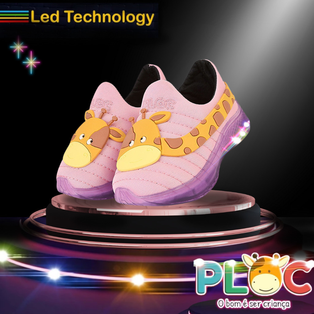 Tênis Led Infantil Luzinha Menina Meia Calce Fácil Leve Flexível Confortável Anatômico PLOC LED34 - ROSA GIRAFA