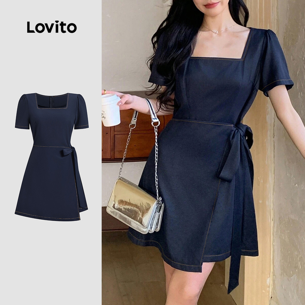 Lovito Vestido Elegante Liso Com Cadarço Verão Primavera Marinho Para Mulheres L134ED404 - Women Clothes