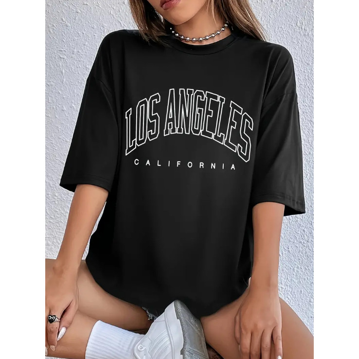[Camiseta Premium em Algodão Puro]SISI Camiseta Oversized Feminina Los Angeles Branca e Preta StreetWear d jrhoodies