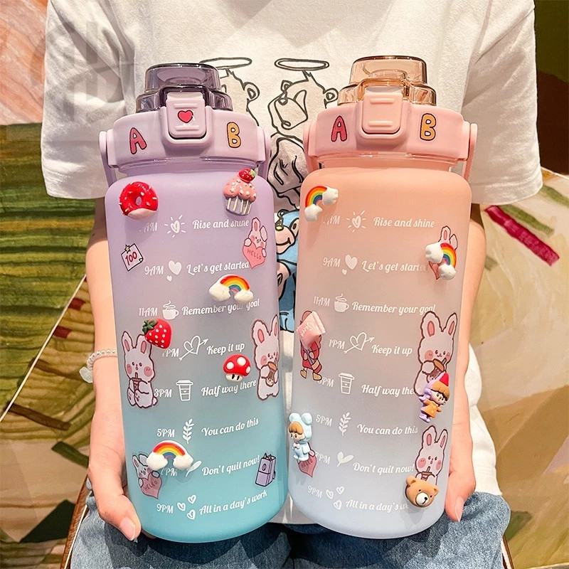 Garrafa de Agua Grande 2 Litros / 750ml Com Adesivos, Canudo e Frases Motivacionais