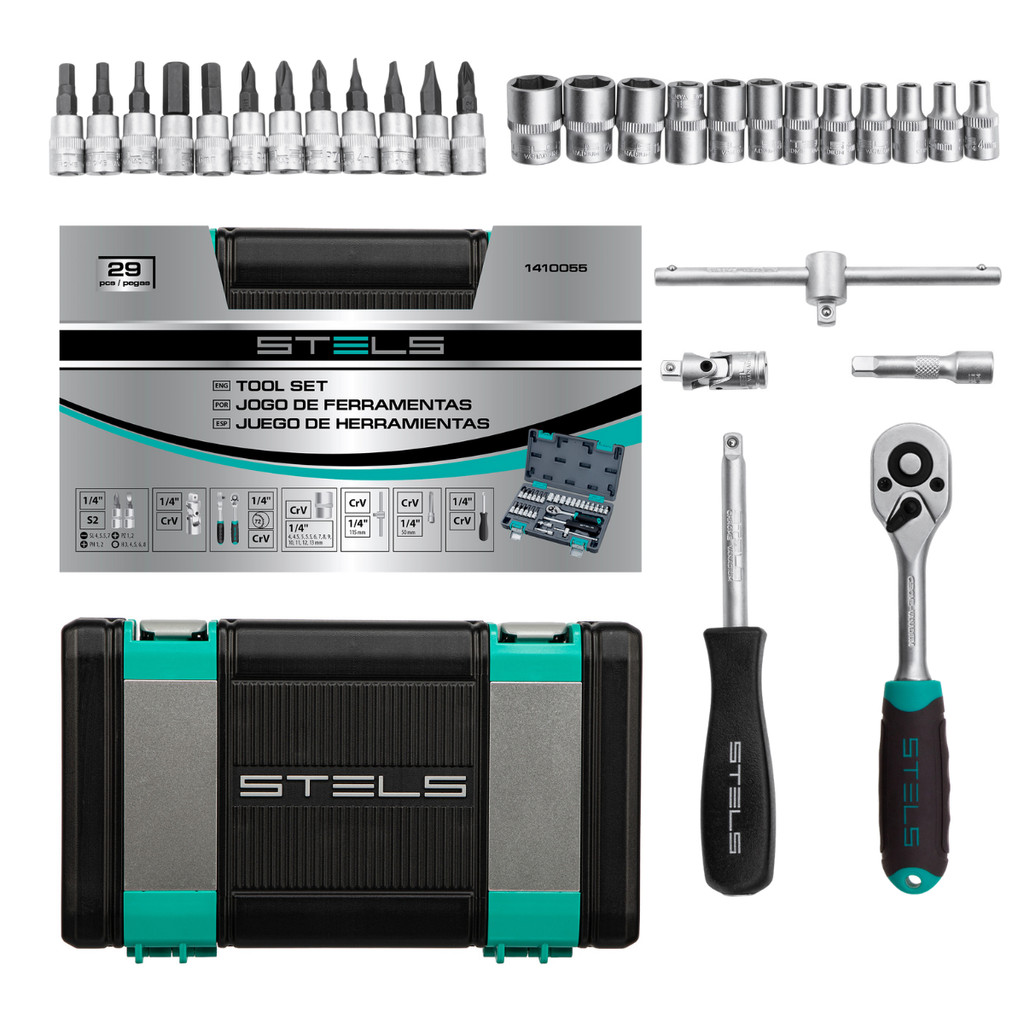 Jogo de Soquetes  1/4Pol Aço Cromo Vanádio 29 Peças Stels em Oferta na Shopee