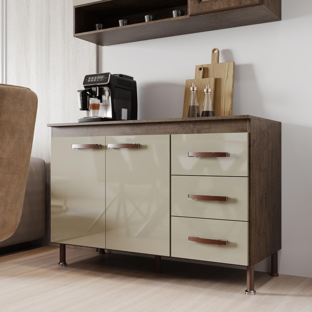 Balcão Modulado Para Cozinha Com Tampo Fidelitá Lisboa 120cm 2 Portas 3 Gavetas Noce/Off-White em Oferta na Shopee