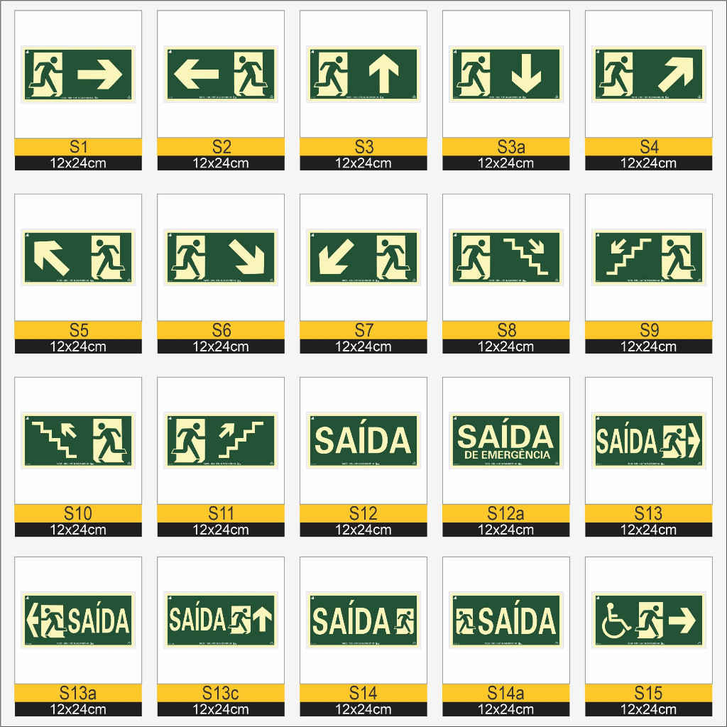 Kit 5 Placas de Sinalização de Emergência Fotoluminescente Antichamas