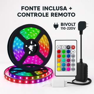 Fita LED 2835/3528 5M RGB Flexível Multicolor com Fonte e Controle Remoto Decoração Casa