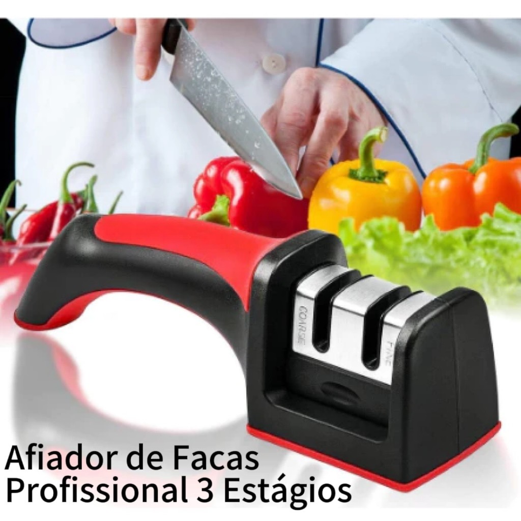 Imagem utensílios para cozinha Amolador Afiador De Facas Em Aço Inox Base Emborrachada Profissional Com 3 Afiadores Cores-Q9