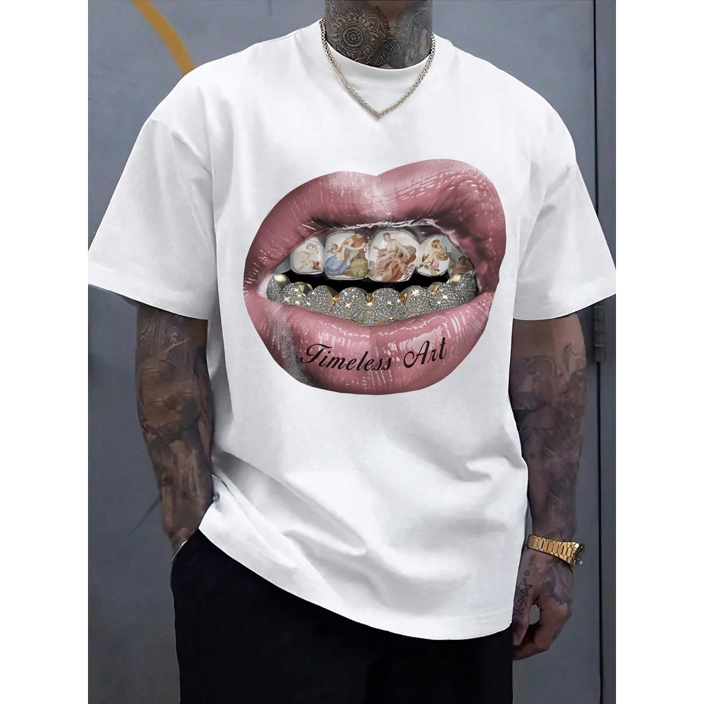 [Camiseta Premium em Algodão Puro]GXG Camiseta de Manga Curta de Tricô com Estampa Gráfica Estilo Vintage de Lábios em Oferta na Shopee