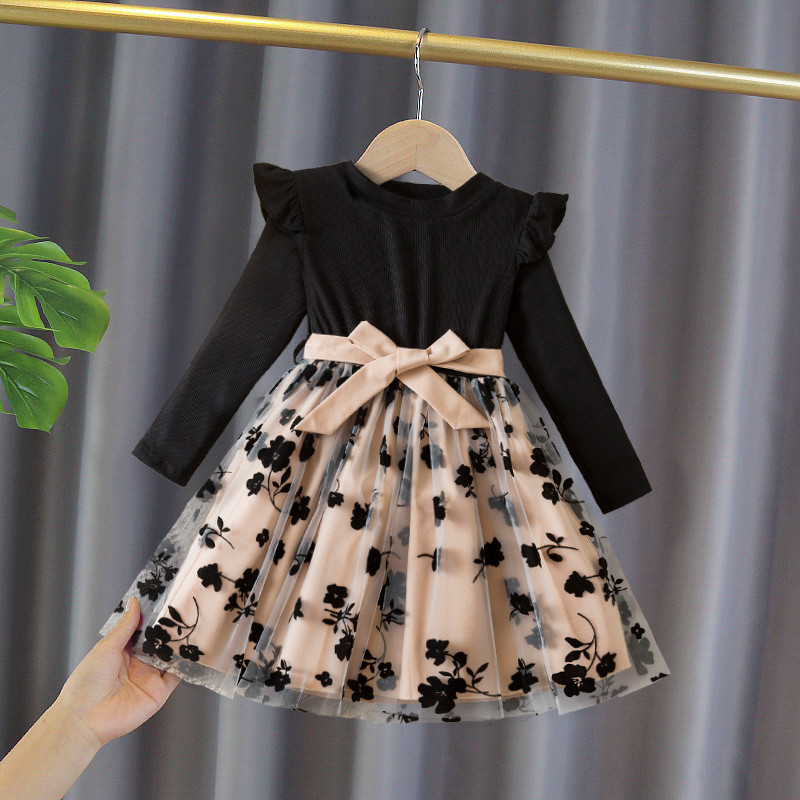 Meninas Vestido De Aniversário Outono Inverno Mangas Compridas Preto Rosa Flores Bordado Moda Novo Infantil 3-8 Anos