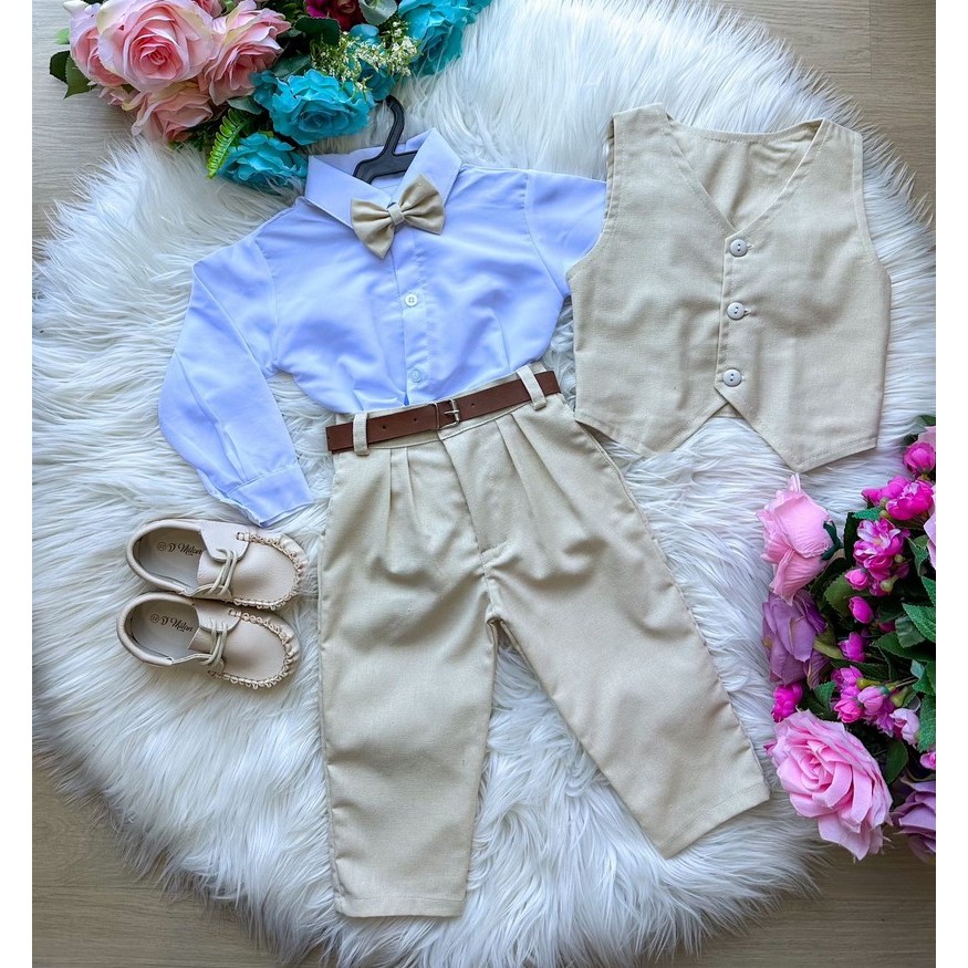 Conjunto Social Infantil Bege Palha Meninos Completo Colete Casamentos, Batizado e Festas