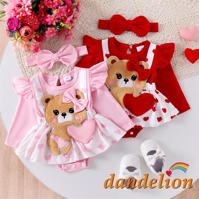 Bebê Menina Coração Impressão Manga Longa Em Torno Do Pescoço Urso Bordado Macacão Vestido Com Bandana em Oferta na Shopee
