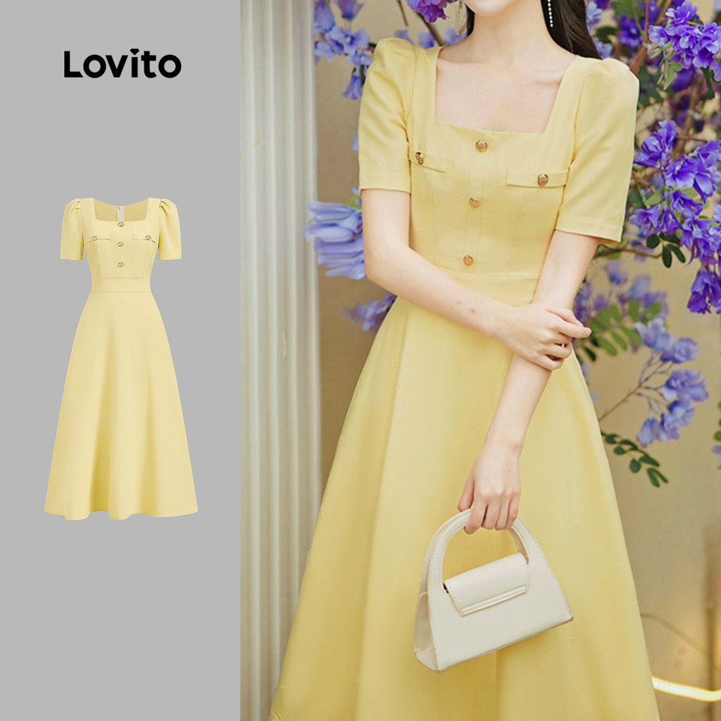 Lovito Elegante Vestido Amarelo De Metal Liso Com Bolso Falso Primavera/Verão Para Mulheres L134LD127 - Women Clothes