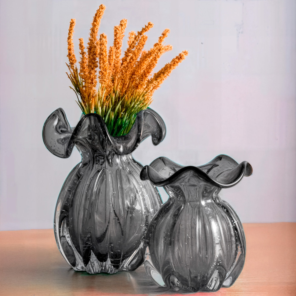 Kit 2 Vasos Trouxinha de Murano Cinza grande 14x12cm e pequeno 11,5x11cm Decorativo Cristal Vasos