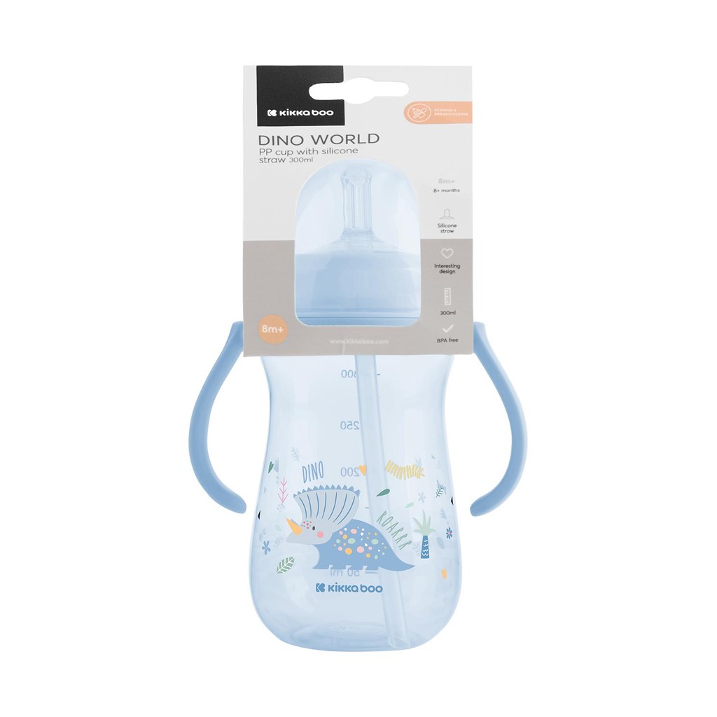 Copo Infantil CanudoSilicone Dino World Blue 300ml KikkaBoo