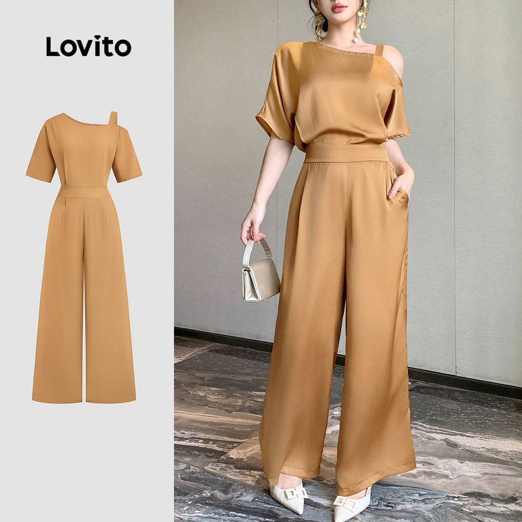 Lovito Elegante Simples Ombro Frio Estrutura Linha Verão Primavera Macacão Marrom Para Mulheres LBL25107 em Oferta na Shopee