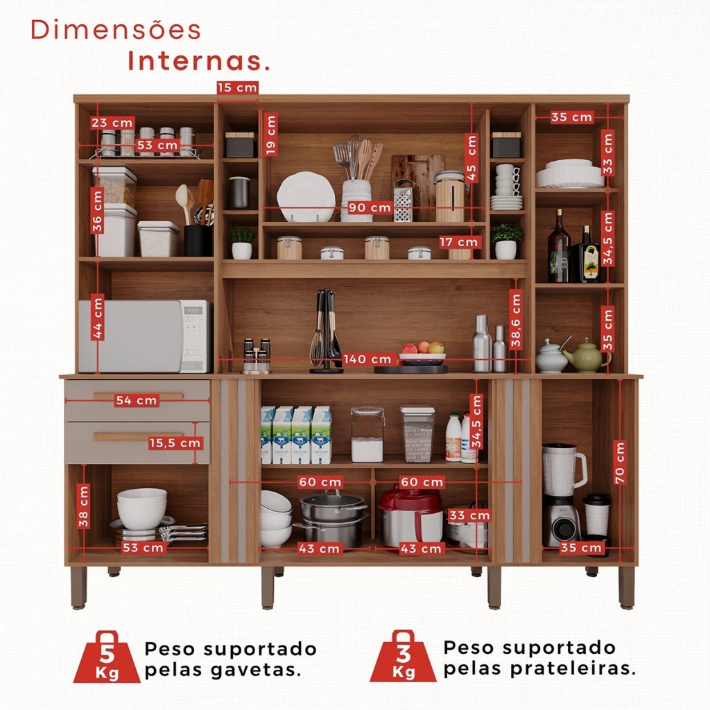 Detalhes do Armário de Cozinha Safira 8 Portas 2 Gavetas Ripado Cinamomo/Preto  - Pnr Móveis