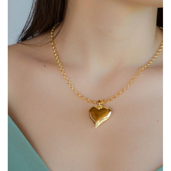 Colar Corrente Feminino Elo Português com Pingente Coração Lizo Grande Folheado Ouro 18K Dourado Gargantilha - Carvalho